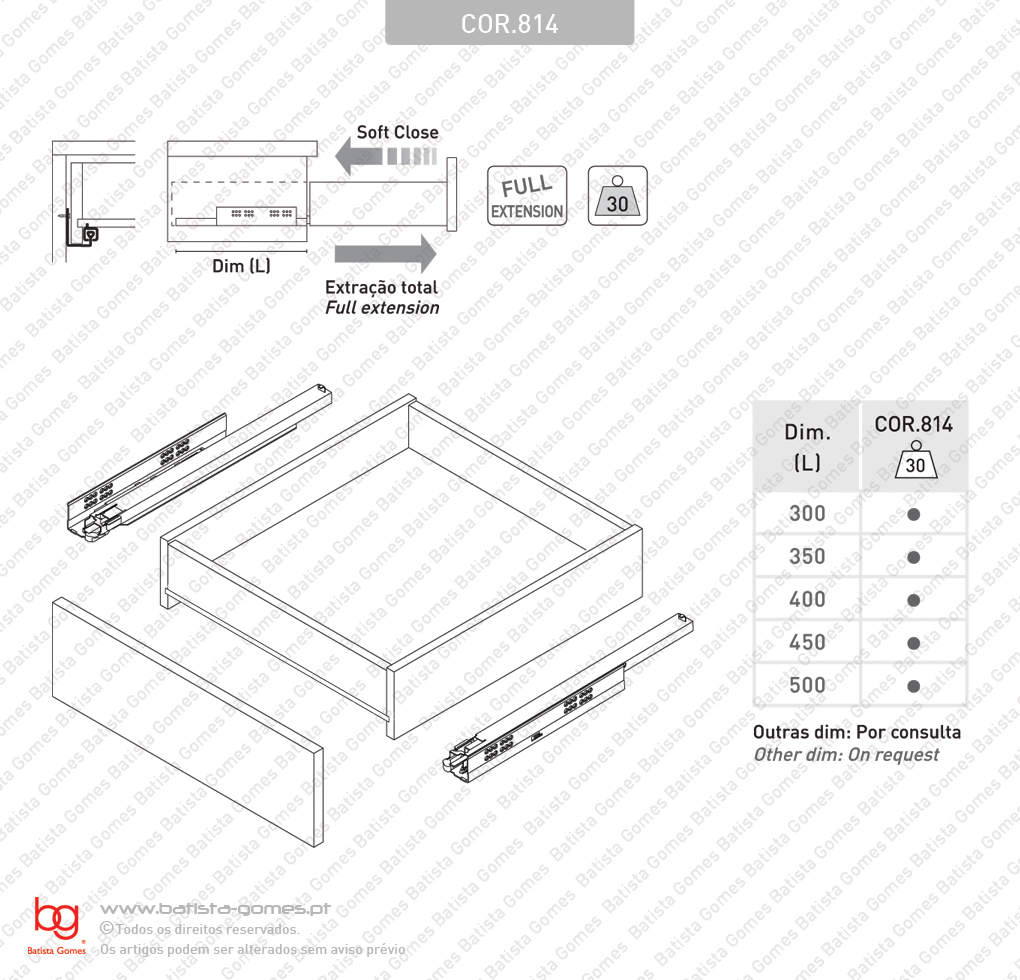 Corredi�as ocultas com Soft-Close para gavetas / Extra��o total / 30Kg
